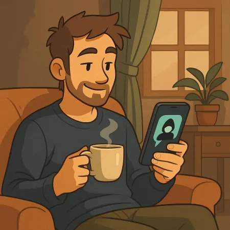 Ein bärtiger Mann sitzt bequem in einem Sessel, hält eine dampfende Tasse Kaffee in einer Hand und ein Smartphone in der anderen. Er lächelt und schaut auf den Bildschirm, auf dem eine anonyme Silhouette angezeigt wird. Die Innenatmosphäre ist gemütlich, mit einer Pflanze, einem Vorhang und einem Fenster im Hintergrund