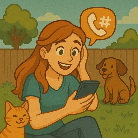 Eine rothaarige Frau sitzt auf dem Gras in einem Garten, lächelt und schaut auf ihr Smartphone. Eine orangefarbene Katze kuschelt sich an sie und ein brauner Hund sitzt in der Nähe. Eine Sprechblase mit einem Telefonsymbol und einem Hashtag schwebt über ihr und deutet auf ein Telefongespräch hin.