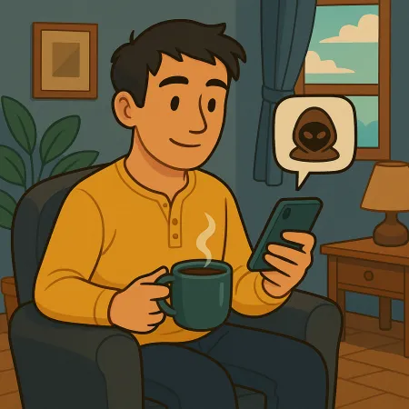Mann sitzt bequem in einem Sessel, hält eine dampfende Tasse Kaffee und schaut auf sein Smartphone, mit einer Sprechblase, die ein anonymes Masken- oder Hacker-Icon zeigt, in einem gemütlichen Wohnzimmer mit Fenster, Lampe und Pflanze