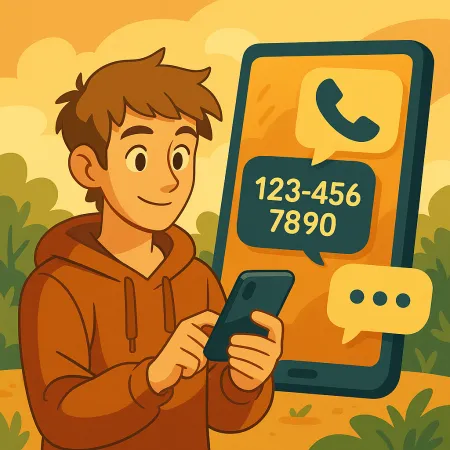 Junger Mann mit Kapuzenpulli, der sein Smartphone benutzt, mit einem großen Telefonbildschirm im Hintergrund, der ein Anrufsymbol und eine fiktive Telefonnummer (123-456-7890) anzeigt, in einem stilvollen und einladenden Außenbereich.