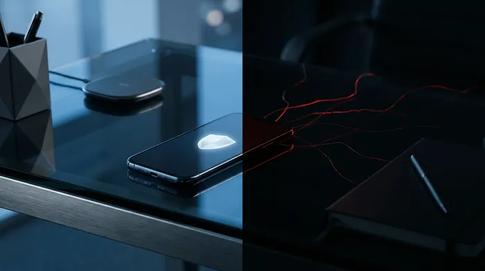 Nahaufnahme des Gesichts einer Person, das von einem digitalen Gesichtserkennungssystem auf einem Smartphone gescannt wird.