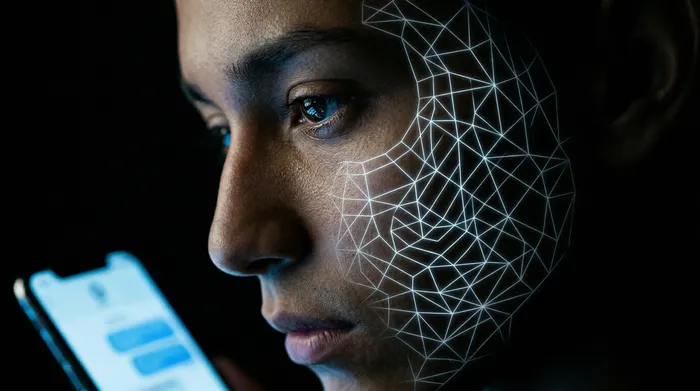 Eine Hand hält ein Smartphone, das auf einer Nachrichtenoberfläche ein Vorhängeschloss-Symbol anzeigt, umgeben von einem Netzwerk leuchtender digitaler Verbindungen auf schwarzem Hintergrund, was die Sicherheit mobiler Daten veranschaulicht.