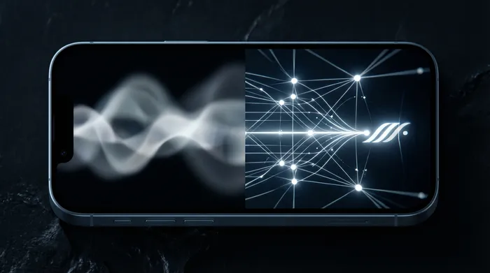 Ein Mann im Anzug bedient eine holografische digitale Schnittstelle von Netzwerkdaten und IP-Adressen, die über einem Smartphone angezeigt wird.