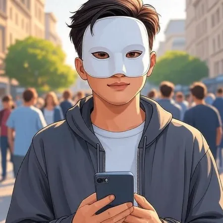 Ein junger Mann im animierten Stil, der eine weiße Maske und eine graue Kapuzenjacke trägt, schaut in die Kamera, während er ein Smartphone in einer überfüllten Straße hält.