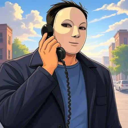 Ein Mann mit einer weißen Maske, dunklem Anzug und blauem T-Shirt spricht in den Hörer eines schwarzen, alten Telefons, mit einer Stadtstraße im Hintergrund.