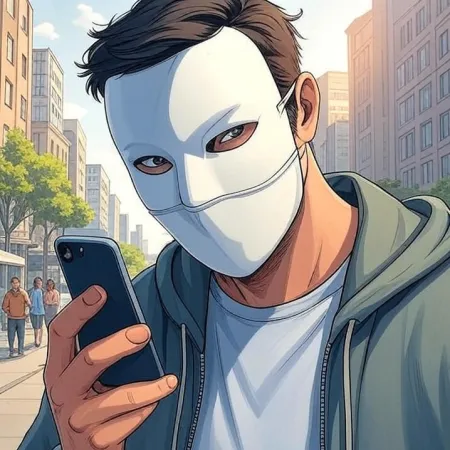 Ein Mann mit einer weißen Maske und Kapuzenpullover schaut auf sein Handy in einer Stadtstraße. Das Bild ist im Stil eines Cartoons oder Comics gestaltet.