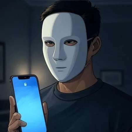 Eine Person mit einer weißen Maske, die ein Smartphone mit einem eingeschalteten Sperrbildschirm hält.