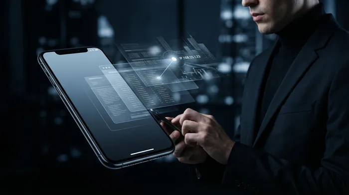 Zwei Smartphones nebeneinander auf einem Tisch, verbunden durch ein leuchtendes digitales Netzwerk, was den Datentransfer zwischen Geräten symbolisiert.