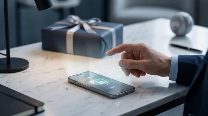 Eine Hand hält ein Smartphone, das eine Nachrichtenoberfläche mit überlagerten technologischen Grafikelementen anzeigt, einschliesslich eines Vorhängeschlosses, Schaltungen und einer Telefonnummer, was mobile Sicherheit und digitale Kommunikation veranschaulicht.