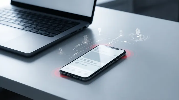 Die Hand eines Mannes im Anzug, die mit einem Smartphone auf einem Schreibtisch interagiert, das ein digitales Vorhängeschloss-Symbol anzeigt, was Cybersicherheit symbolisiert.