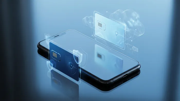 Eine Hand hält ein Smartphone, das eine moderne holografische Nachrichtenoberfläche mit Sprechblasen und Sicherheitssymbolen anzeigt.