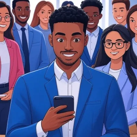 Illustration eines lächelnden jungen schwarzen Geschäftsmanns, der auf sein Smartphone schaut, mit seinem Team im Hintergrund.