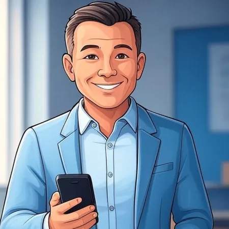 Illustration eines lächelnden Geschäftsmannes in einem blauen Anzug mit einem Smartphone.