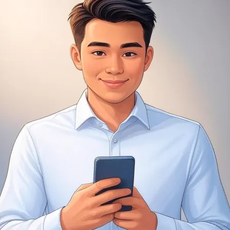 Illustration eines lächelnden Geschäftsmanns in einem blauen Anzug, der ein Smartphone hält.