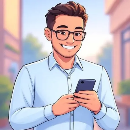 Junger Mann mit Brille und blauer Hemd, der auf sein Smartphone schaut.