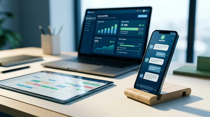 Ein moderner Schreibtisch mit einem Laptop, der ein Analyse-Dashboard anzeigt, einem Tablet mit Kalender und einem Smartphone auf einem Holzständer, das eine Nachrichten-Oberfläche zeigt.