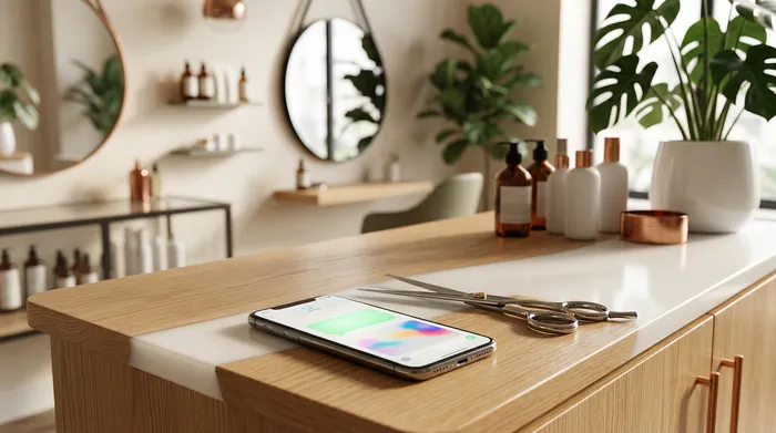 Ein Smartphone mit einer Nachrichten-App liegt auf der hellen Holztheke eines Coiffeursalons, im Hintergrund professionelle Scheren und Schönheitsprodukte.