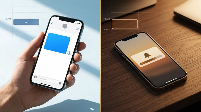 Ein zweigeteiltes Bild, das ein Smartphone zeigt: links eine Nachrichten-Oberfläche mit einer Option zur Sendeplanung und rechts eine Erinnerungsbenachrichtigung auf einem Holztisch.