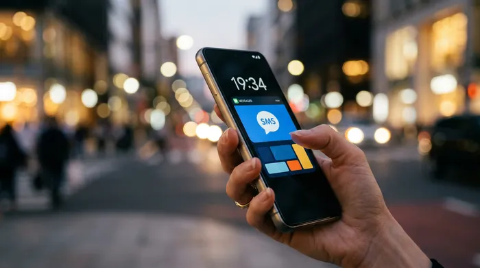 Eine Hand hält ein Smartphone, das eine SMS-Benachrichtigung anzeigt, mit einem verschwommenen städtischen Hintergrund am Abend.