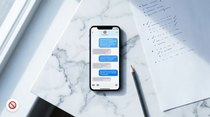 Ein Smartphone mit einer Nachrichten-App liegt auf einem Marmortisch neben einem Blatt Papier mit einer handschriftlichen To-Do-Liste und einem Bleistift.