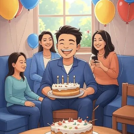 Lächelnder Mann, der einen Kuchen mit fünf Kerzen hält, umgeben von Angehörigen in einem mit bunten Luftballons dekorierten Wohnzimmer.