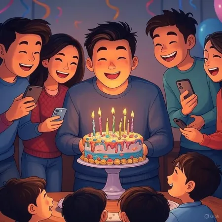Illustration eines Geburtstags, bei dem ein lächelnder Mann einen mit brennenden Kerzen dekorierten Kuchen hält, umgeben von Freunden und Verwandten, die mit ihren Handys Fotos machen.