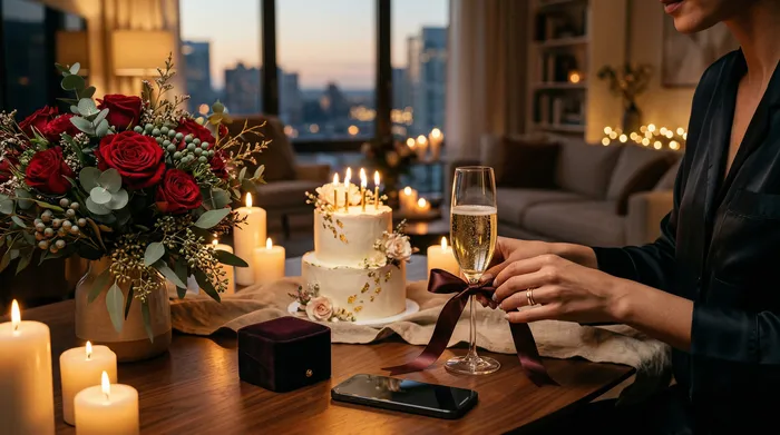 Eine lächelnde Frau, die in einer modernen Küche sitzt, schaut auf ihr Mobiltelefon, während zwei Männer im Hintergrund ihr Geburtstagskuchen mit brennenden Kerzen präsentieren.