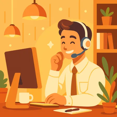 Illustration eines lächelnden Mannes mit Kopfhörern, der an einem Desktop-Computer in einer warmen und gemütlichen Umgebung mit Pflanzen und einer Tasse Kaffee arbeitet