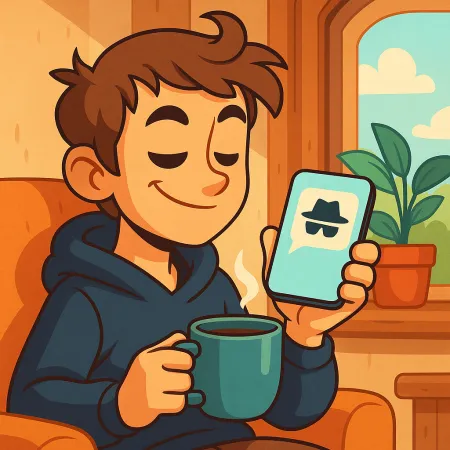 Illustration eines jungen Mannes, der lächelt, bequem mit einer Tasse Kaffee sitzt und ein Smartphone hält, auf dem ein Symbol für anonyme Nachrichten mit einem Hut und Sonnenbrille angezeigt wird.